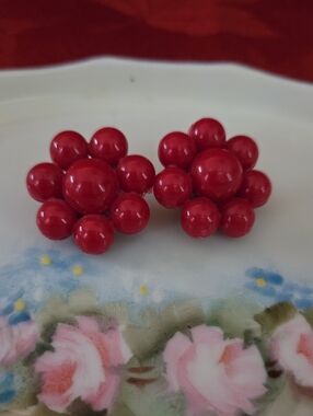 Vintage Red Cluster Bead Button Earrings With Clip-on Back